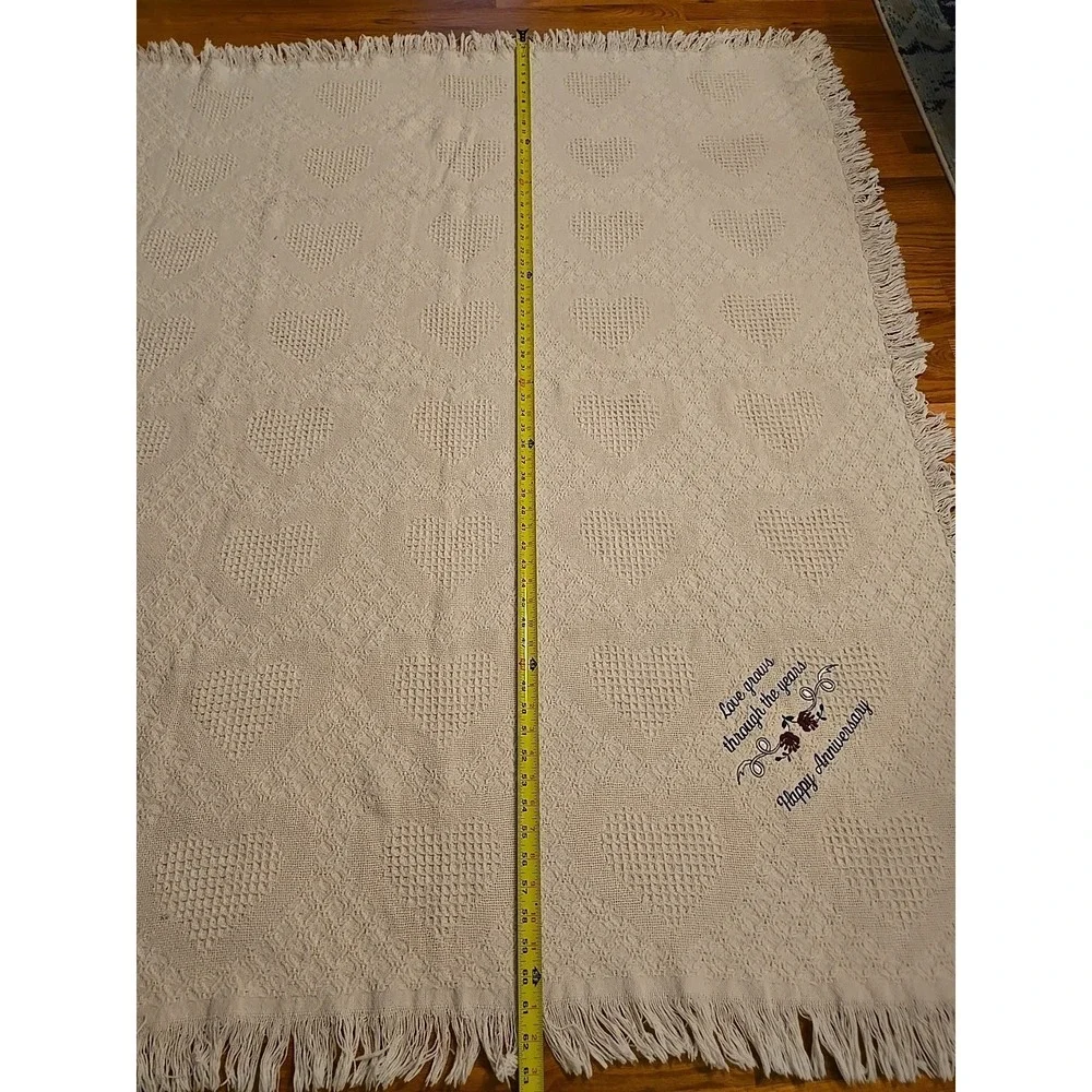 Vtg Heart Fringe Throw Blanket 62x51 Waffle Weave Lap Baby Decor White Anniversa